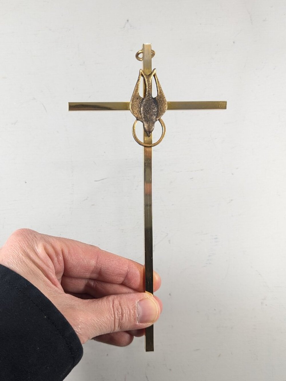 Slender 7" MCM gold tone metal cross with holy spirit / sparrow mid flight